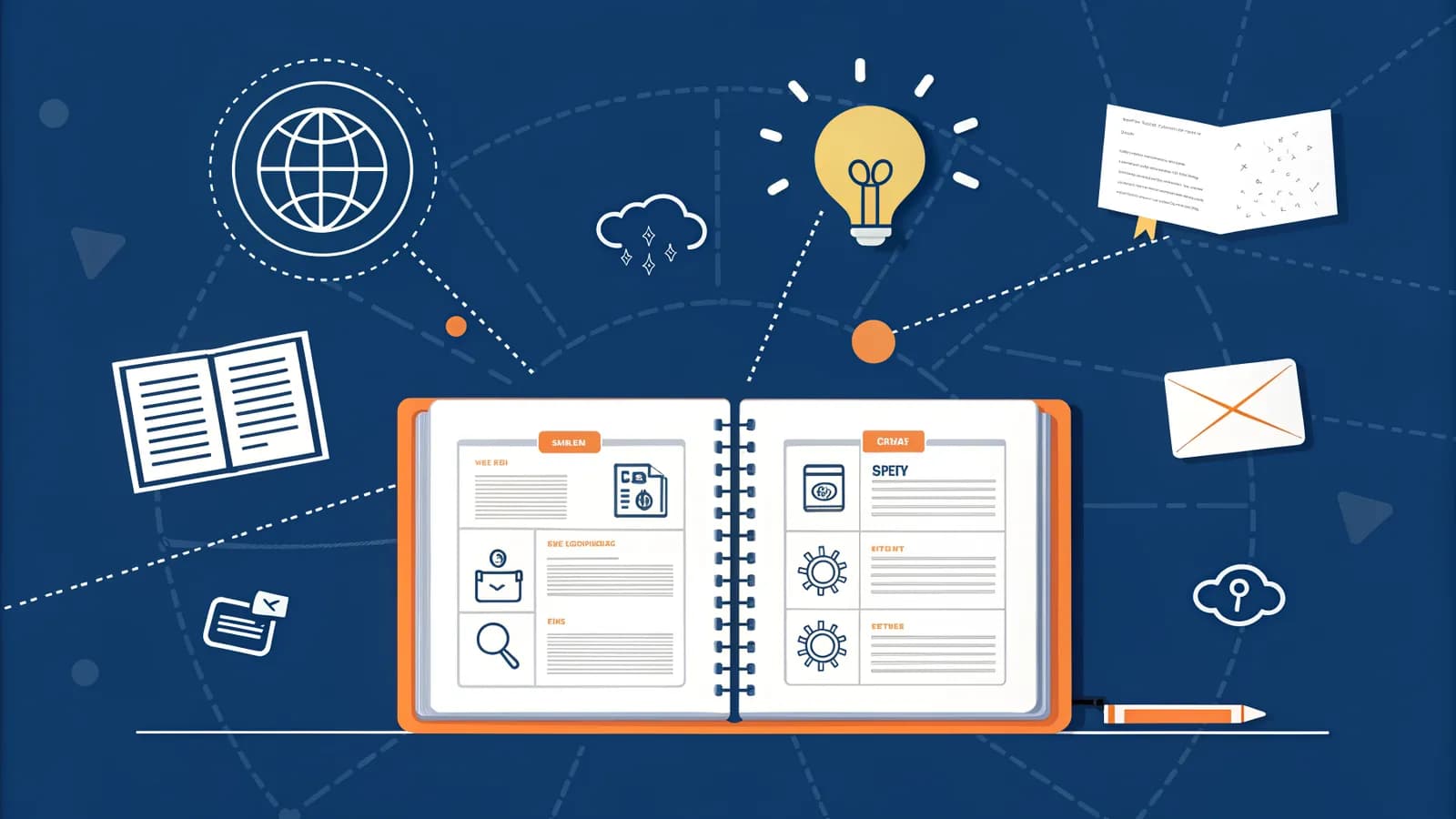 Claude AI review 2026 — conversational orb analyzing an open document with artifact card, eight marketing task icons around it and upward reasoning staircase, dark navy with orange and blue accents