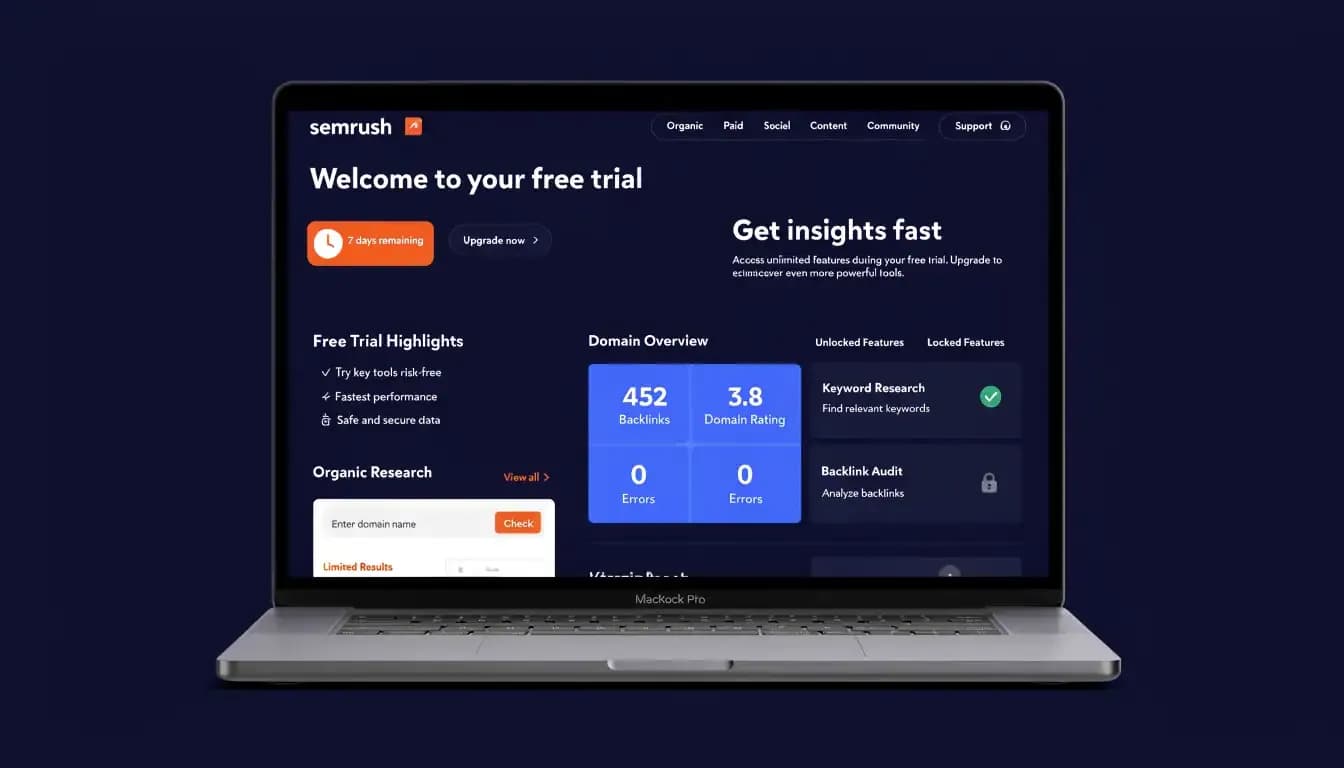 Semrush free trial dashboard showing 7-day countdown timer and feature comparison on MacBook Pro|Semrush Free Trial 2026 — What Do You Actually Get?