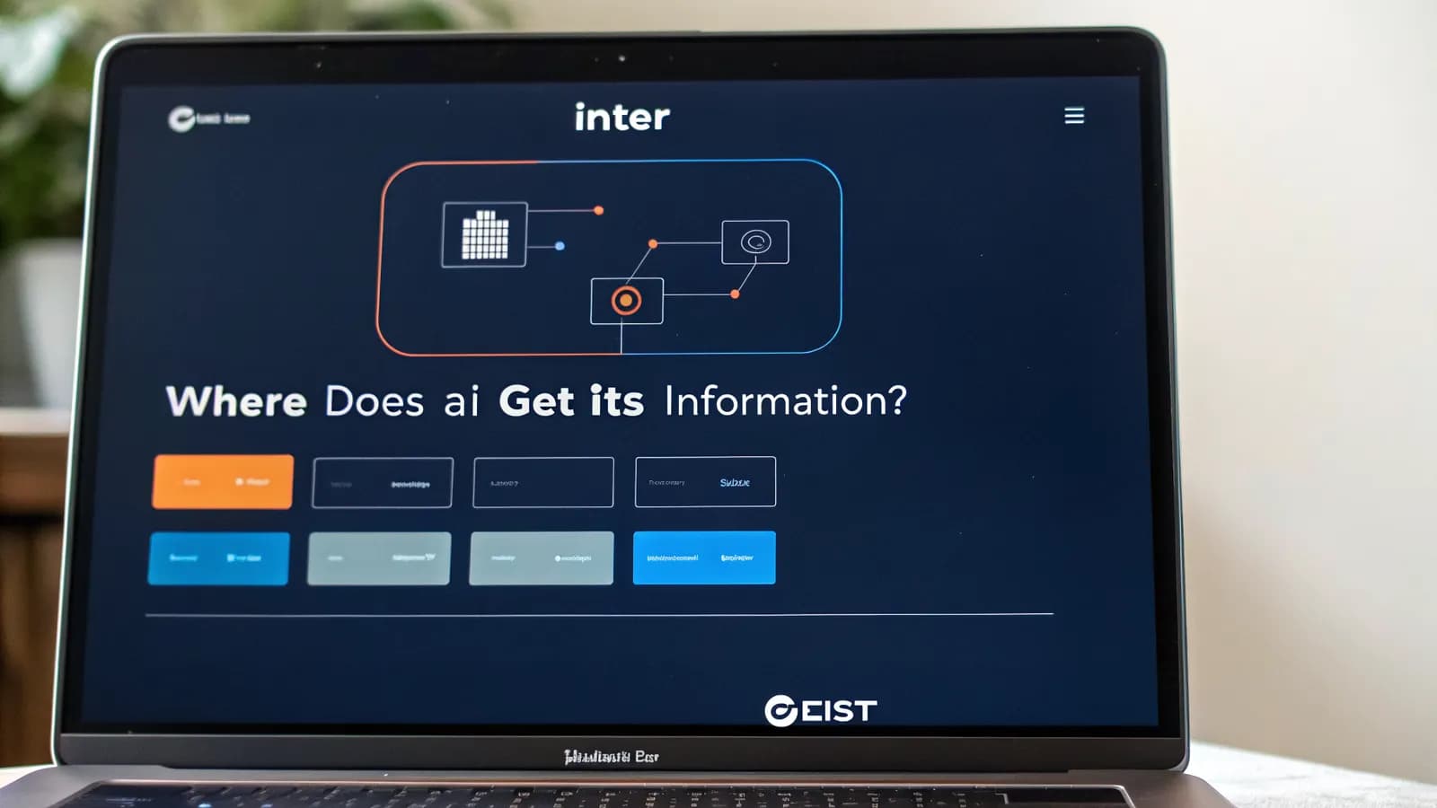 Dark four-source diagram on a laptop screen, four glowing source nodes feeding one AI answer card, navy background with orange and blue accents